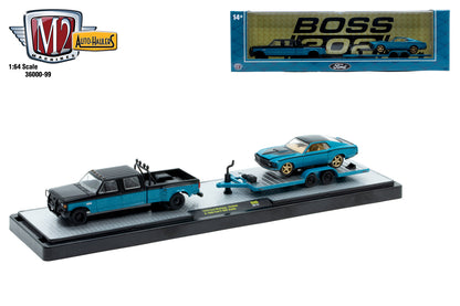 1970 Ford Mustang Custom &amp; 1990 Ford F-350 Dually with Trailer – M2 Machines 1:64 Auto-Haulers Release 99 – 36000-99-A