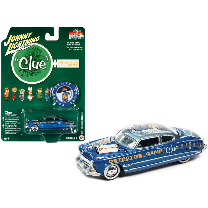 Johnny Lightning Pop Culture Release 3 Vintage Clue 1951 Hudson Hornet – Mrs. Peacock &amp; Conservatory &amp; Candlestick avec jeton de poker – JLPC008-JLSP270