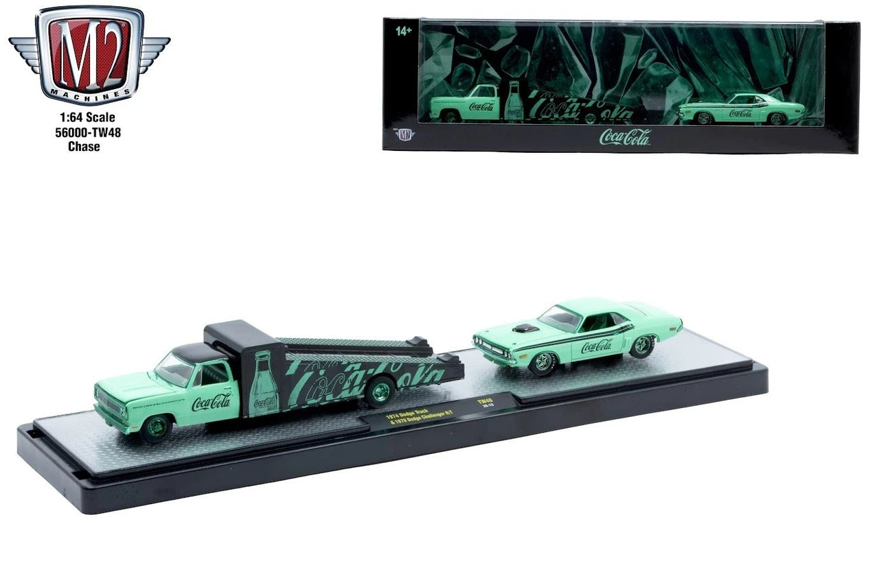 CHASE CAR – M2 Machines 1:64 Camion Dodge Ramp Truck 1974 et Dodge Challenger R/T 1970 – Coca-Cola Release TW48 – Noir et turquoise – 56000-TW48-C-CHASE