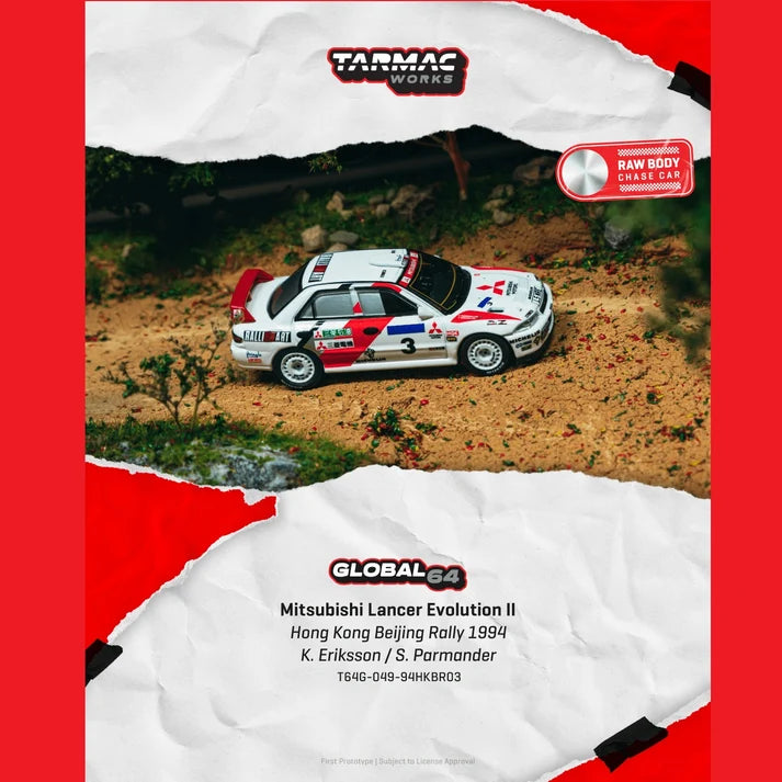 Tarmac Works Global64 1:64 Mitsubishi Lancer Evolution II – Hong Kong Beijing Rally 1994 – K. Eriksson / S. Parmander – T64G-049-94HKBR03