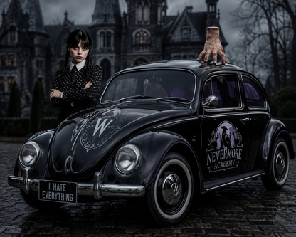 Volkswagen Beetle with Wednesday Addams and Thing Figures