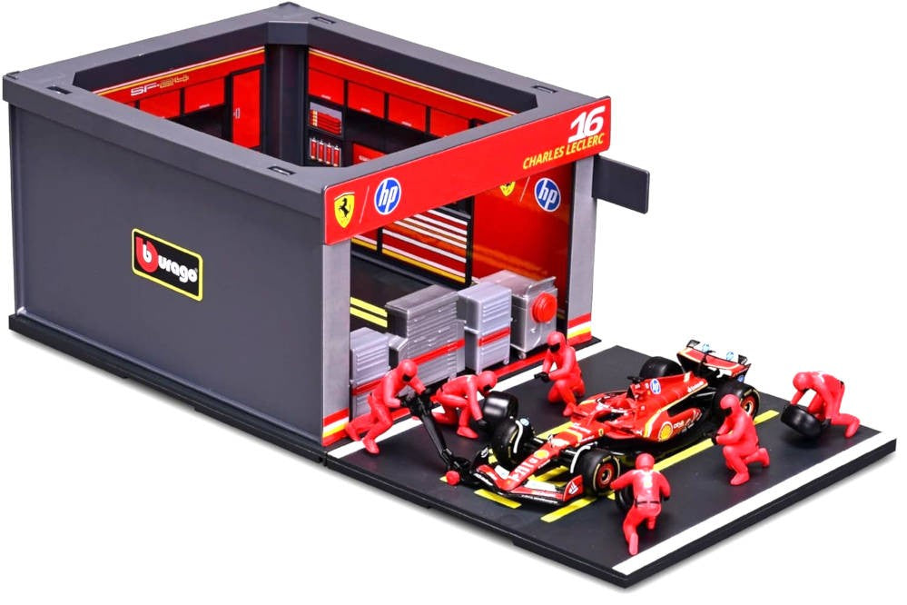Bburago Diorama-1:43-2024 Formula Race Ferrari SF-24  Pit Pass Paddock Set, Sainz 