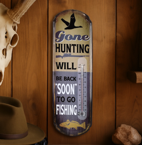 Thermomètre vintage « Gone Hunting » - Enseigne rustique pour intérieur et extérieur
