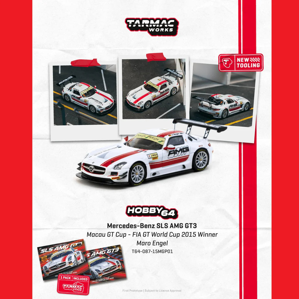 (PRE-ORDER 2026) Tarmac Works 1:64- Mercedes-Benz SLS AMG GT3 Macau GT Cup – FIA GT World Cup 2015 Winner Maro Engel with Trading Card T64-087-15MGP01