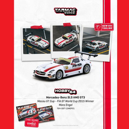 (PRE-ORDER 2026) Tarmac Works 1:64- Mercedes-Benz SLS AMG GT3 Macau GT Cup – FIA GT World Cup 2015 Winner Maro Engel with Trading Card T64-087-15MGP01
