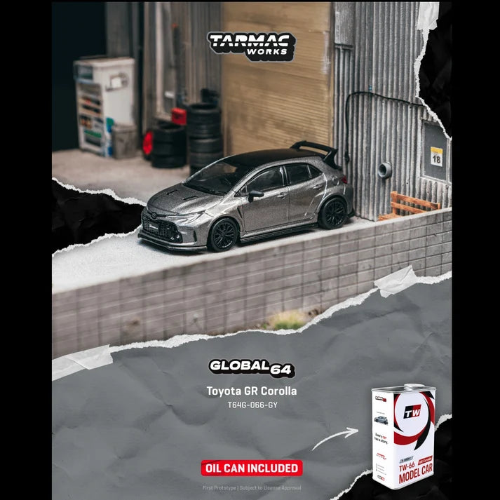 Tarmac Works Global64 1:64 Toyota GR Corolla – Grey – Metal Oil Can Packaging – T64G-066-GY