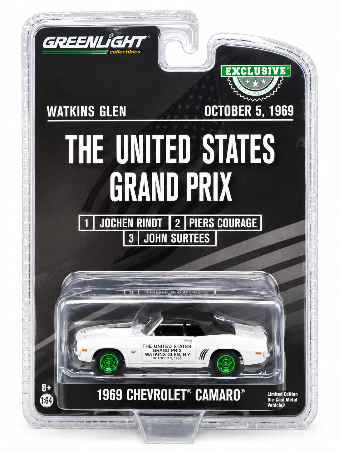 CHASE CAR GreenLight 1:64 Chevrolet Camaro 1969 United States Grand Prix Hobby Exclusive – Jantes vertes – GL30274-CHASE