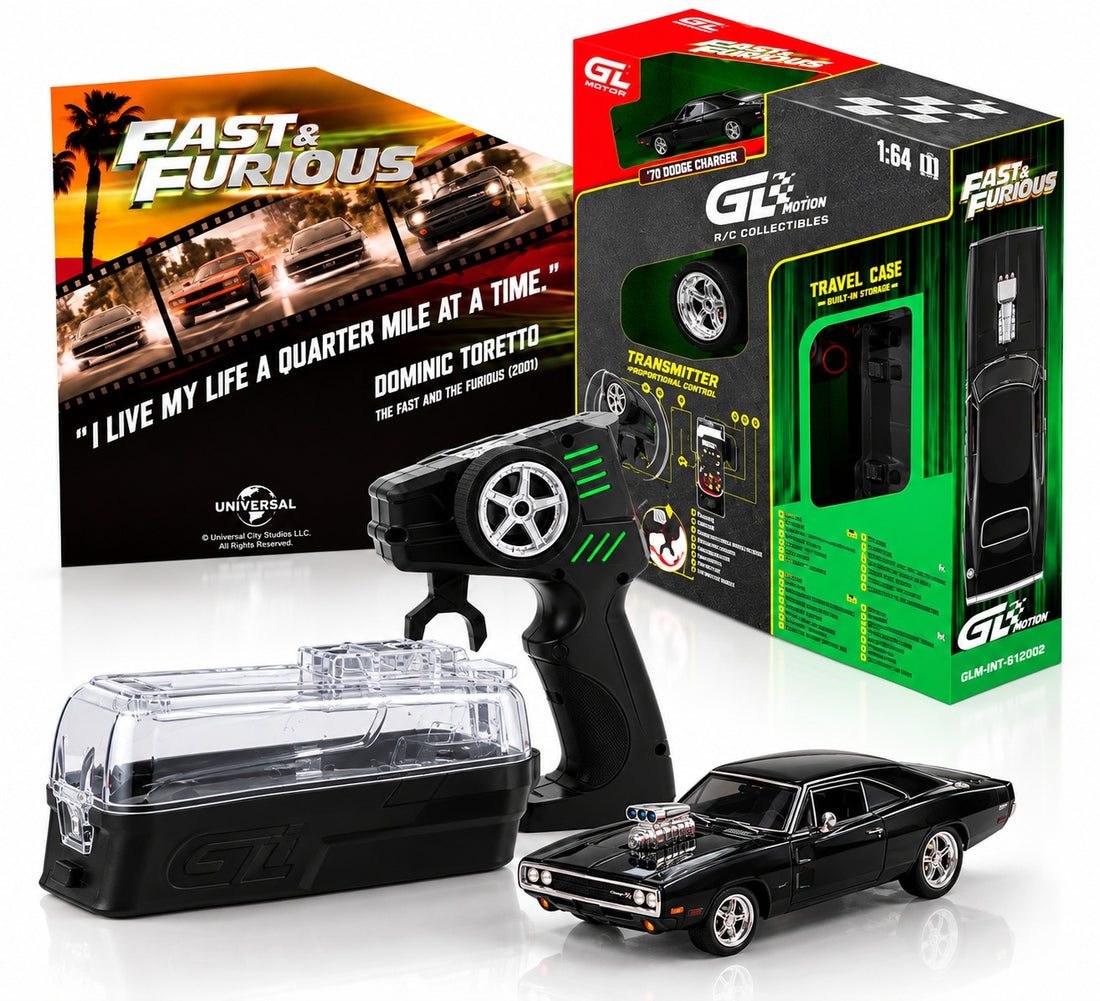 (PRE-ORDER 2027) GreenLight GL Motion 1:64 1970 Dodge Charger Black Dom’s Charger – Fast &amp; Furious – R/C Car &amp; Remote Combo – GLM-INT-612002