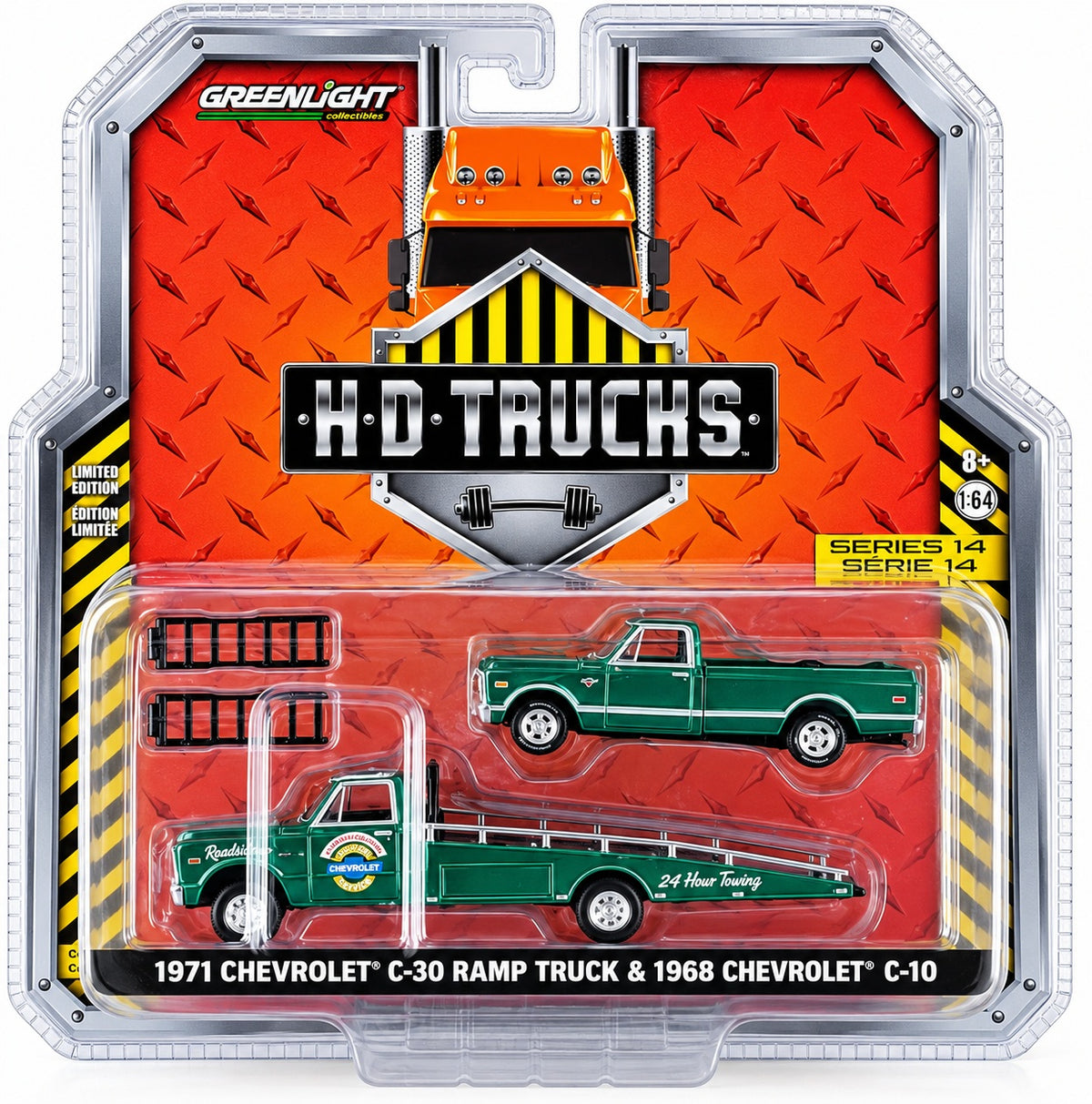 CHASE CAR GreenLight 1:64 HD Trucks Series 14 1971 Chevrolet C-30 Ramp Truck with 1968 Chevrolet C-10 – GL33140-A-CHASE