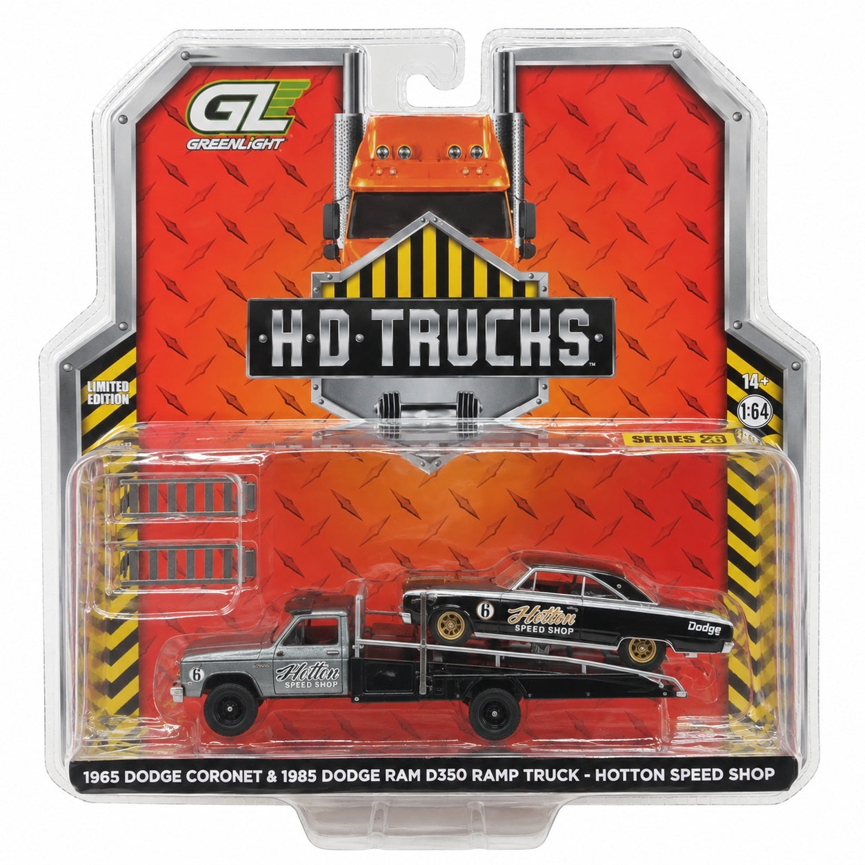 CHASE CAR GreenLight HD Trucks Series 26 1965 Dodge Coronet &amp; 1985 Dodge Ram D350 Ramp Truck – Hot Rod Speed Shop 1:64 GL33260-A-CHASE