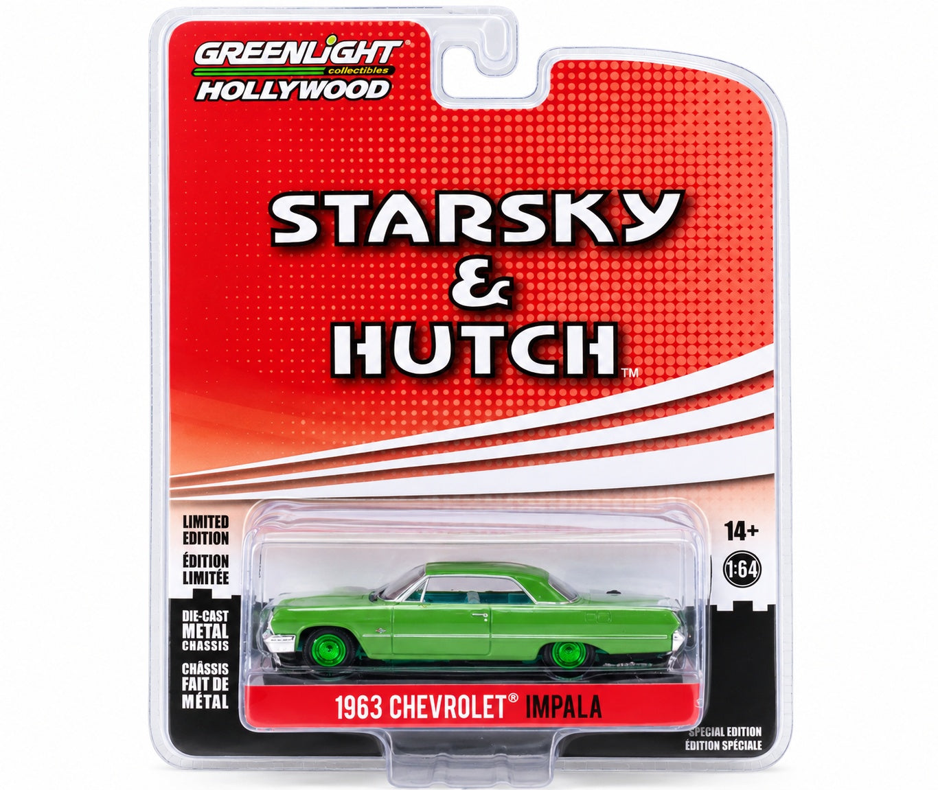 CHASE CAR GreenLight Hollywood 1:64 Chevrolet Impala 1963 Starsky &amp; Hutch – Jantes vertes – GL44955-A-CHASE