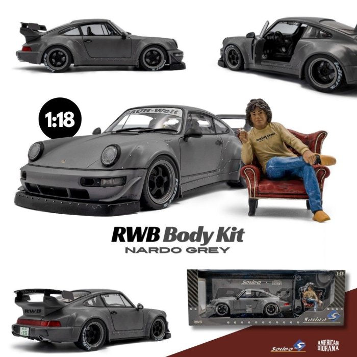 (PRE-ORDER 2025-26) SOLIDO-Porsche 964 RWB 1:18th Nardo Grey Body Kit with Akira Nakai Figure