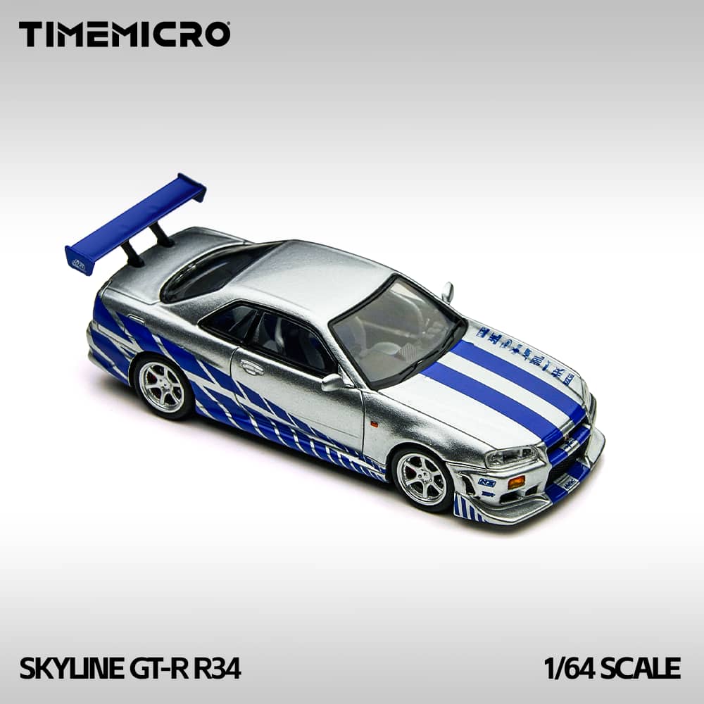 ***(1 PER CLIENT-1 PAR CLIENT)*** TimeMicro 1/64-Nissan Skyline GT-R R34 FNF Silver/ Blue TM800502