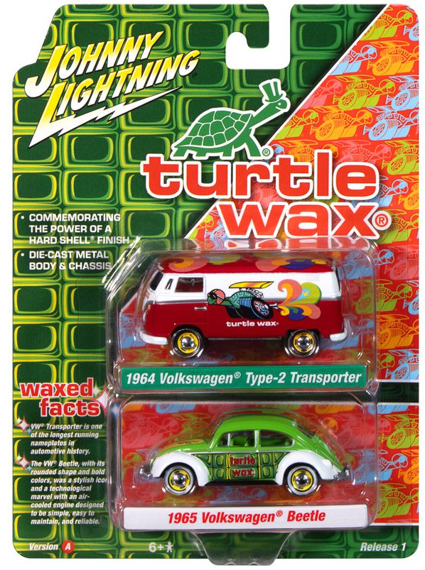 Johnny Lightning Duo-Pack 2025 Release 1- Set-A, Turtle Wax-1964 Volkswagen Type 2 Transporter &amp; 1965 Volkswagen Beetle