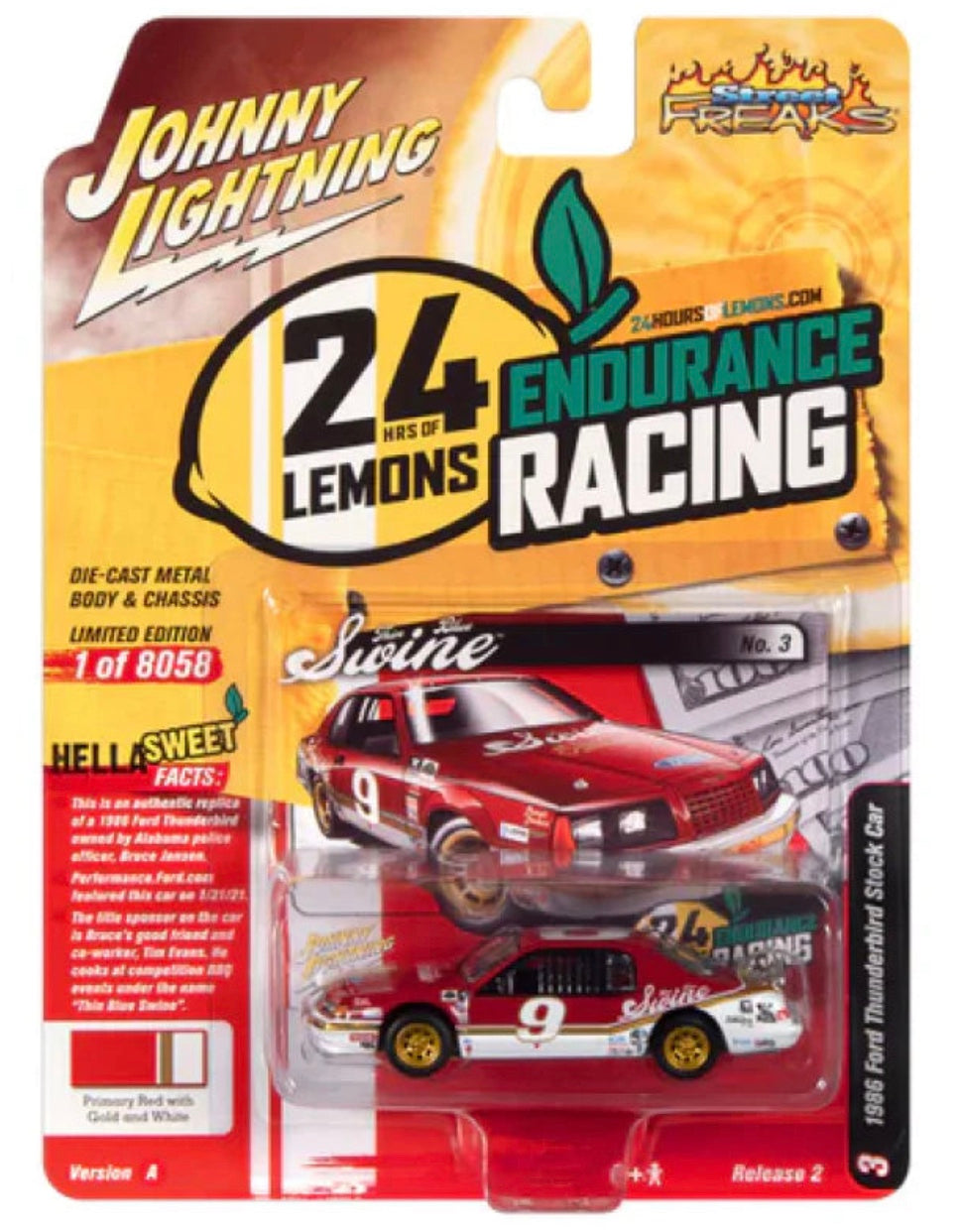 1986 Ford Thunderbird Stock Car rouge avec bandes blanches et or - Johnny Lightning Street Freaks 24hrs of LeMons 1:64 - JLSF024-2A-3