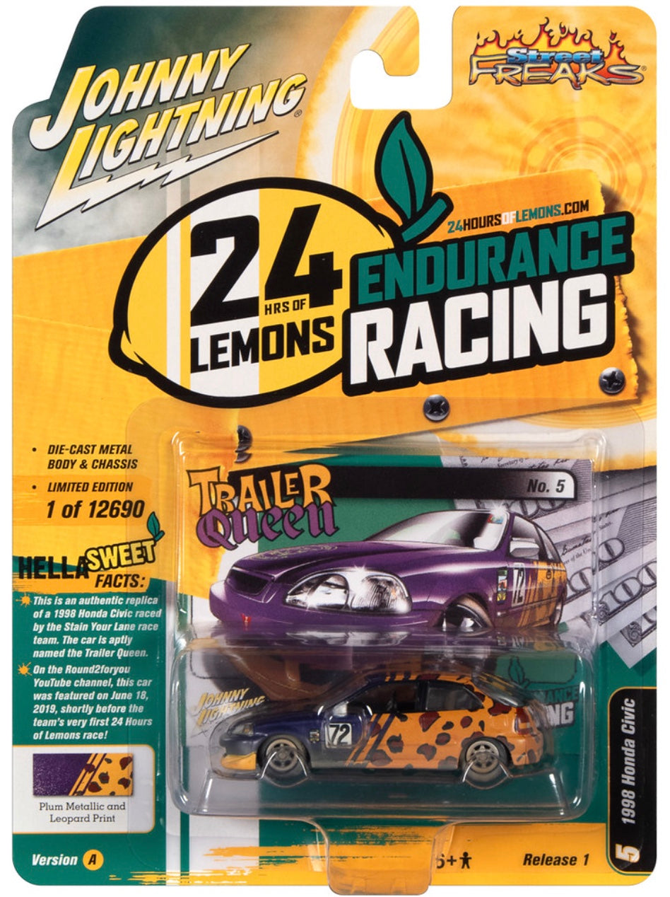 1998 Honda Civic Purple Metallic with Yellow Leopard Print - 24 Hours of Lemons - Johnny Lightning 1:64 - JLSF023-1A-5