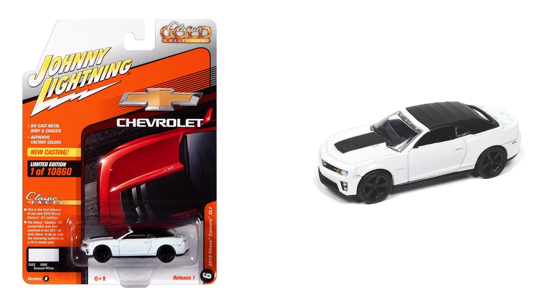 Johnny Lightning Classic Gold 2013 Chevrolet Camaro ZL1 Convertible Top Up – Blanc Summit avec toit noir – JLCG028-1B-F