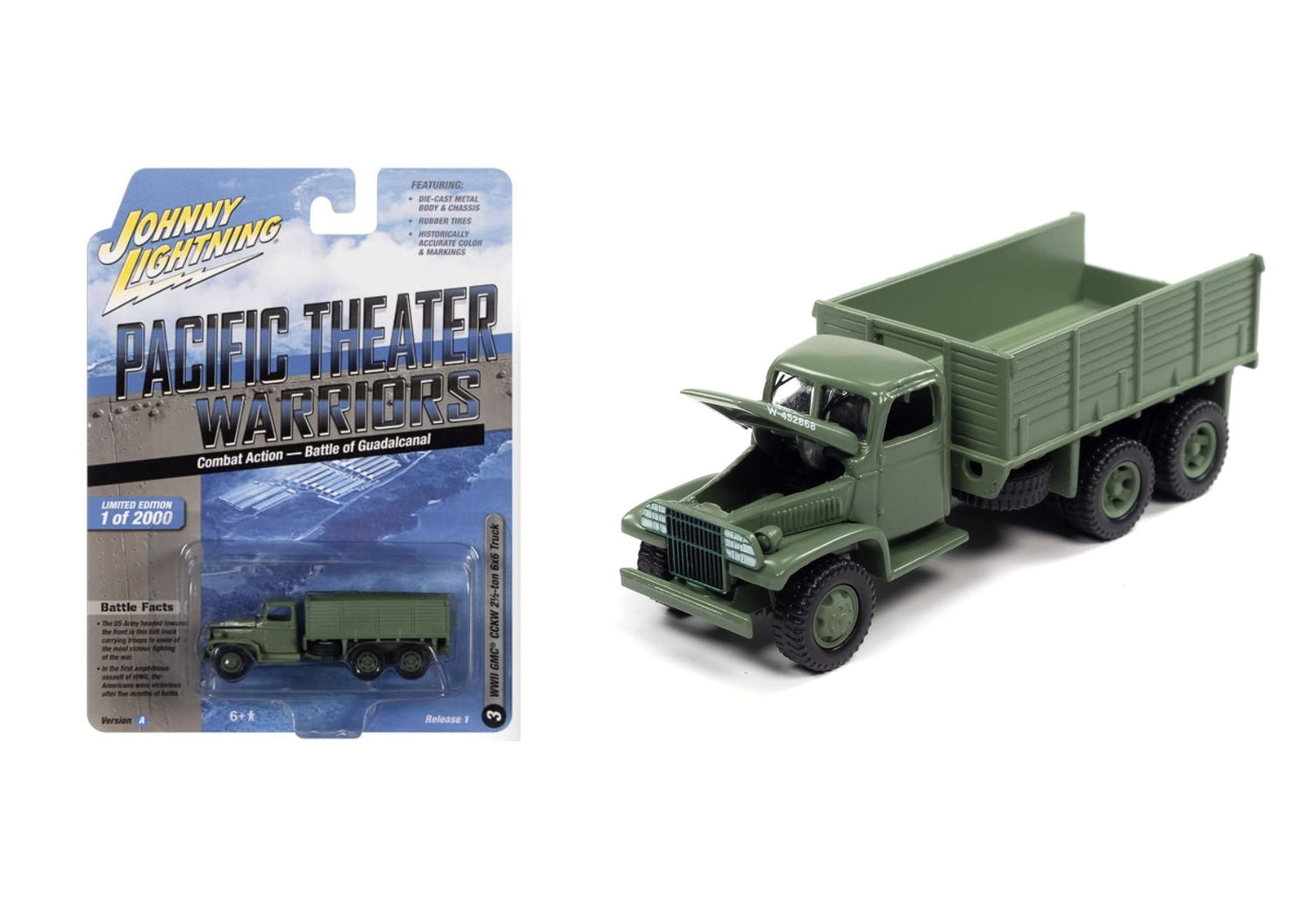 WWII CCKW 2.5 Ton 6x6 Truck Olive Drab “Combat Action - Battle of Guadalcanal” – Johnny Lightning Pacific Theater Warriors (JLML007-1A-E)