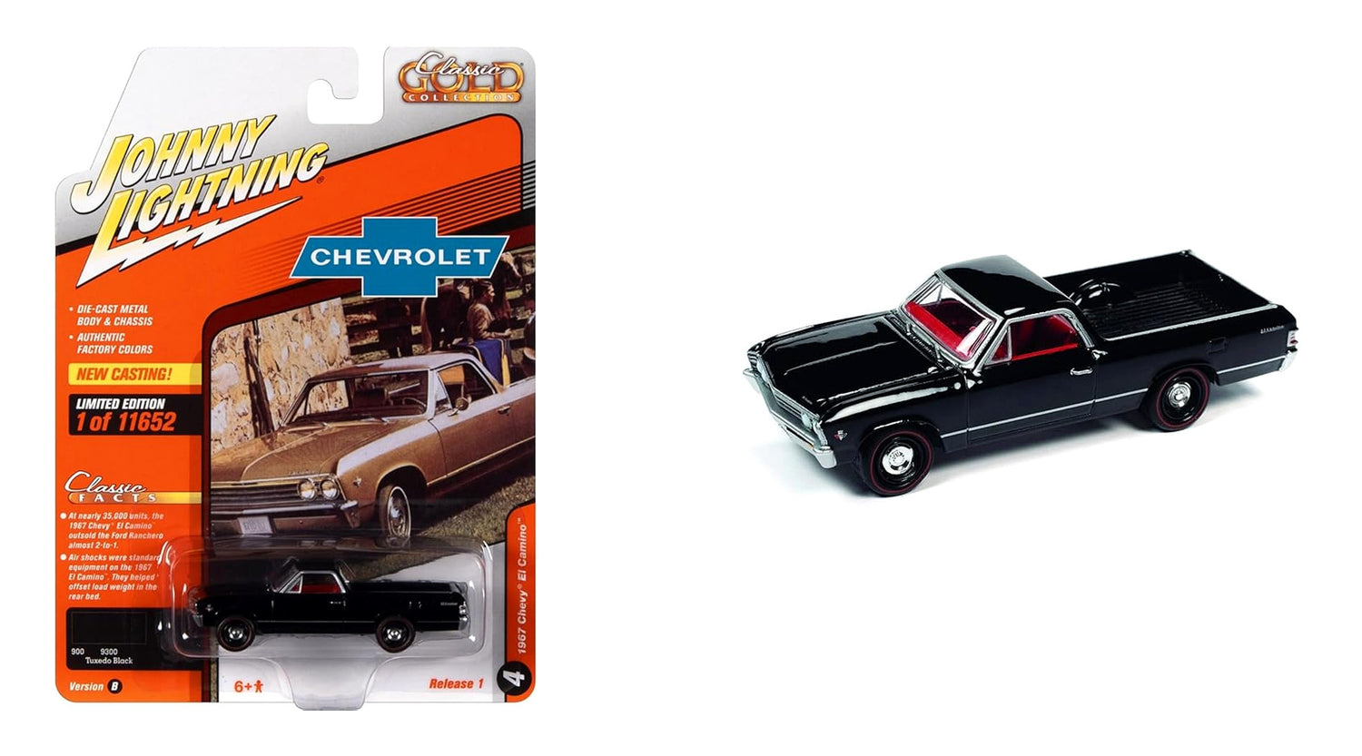 Johnny Lightning Classic Gold 1967 Chevy El Camino – Tuxedo Black avec intérieur rouge – JLCG028-1B-D
