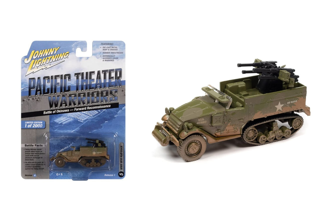 WWII M-16 Half-Track Multiple Gun Motor Carriage Olive Drab Camouflage Dirty Version “Battle of Okinawa - Forward Reconnaissance” – Johnny Lightning Pacific Theater Warriors (JLML007-1A-F)