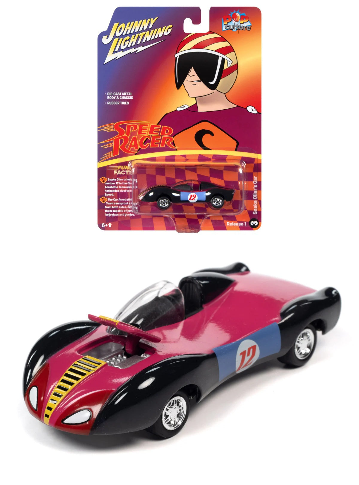 Johnny Lightning Pop Culture Release 1 Speed Racer Snake Oiler’s Car Race Worn – Noir et magenta – JLPC011C