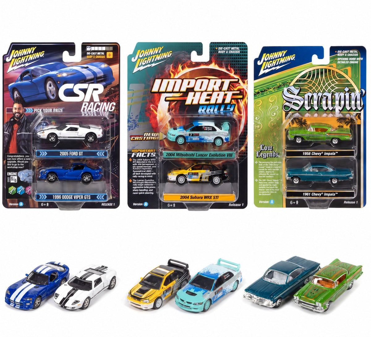 Johnny Lightning 1:64 Import Heat Rally Twin Pack – 2004 Subaru WRX STI &amp; 2004 Mitsubishi Lancer Evolution – JLPK025-1A-2