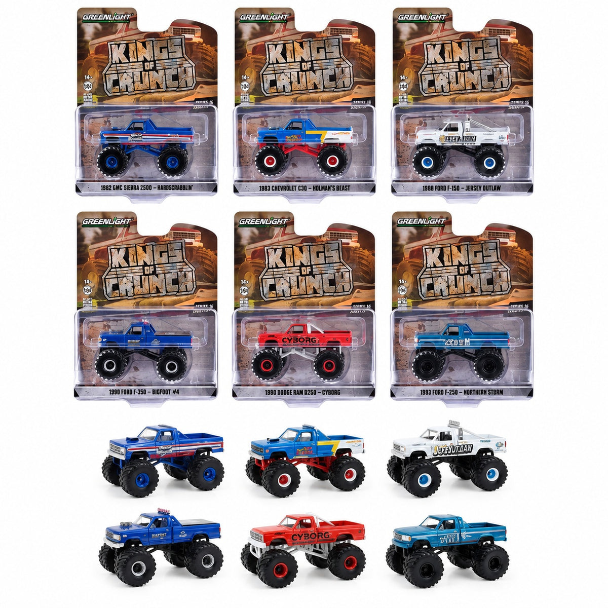 GreenLight 1:64 Kings of Crunch Série 16 – Ensemble de 6 camions monstres – Édition limitée GL49160