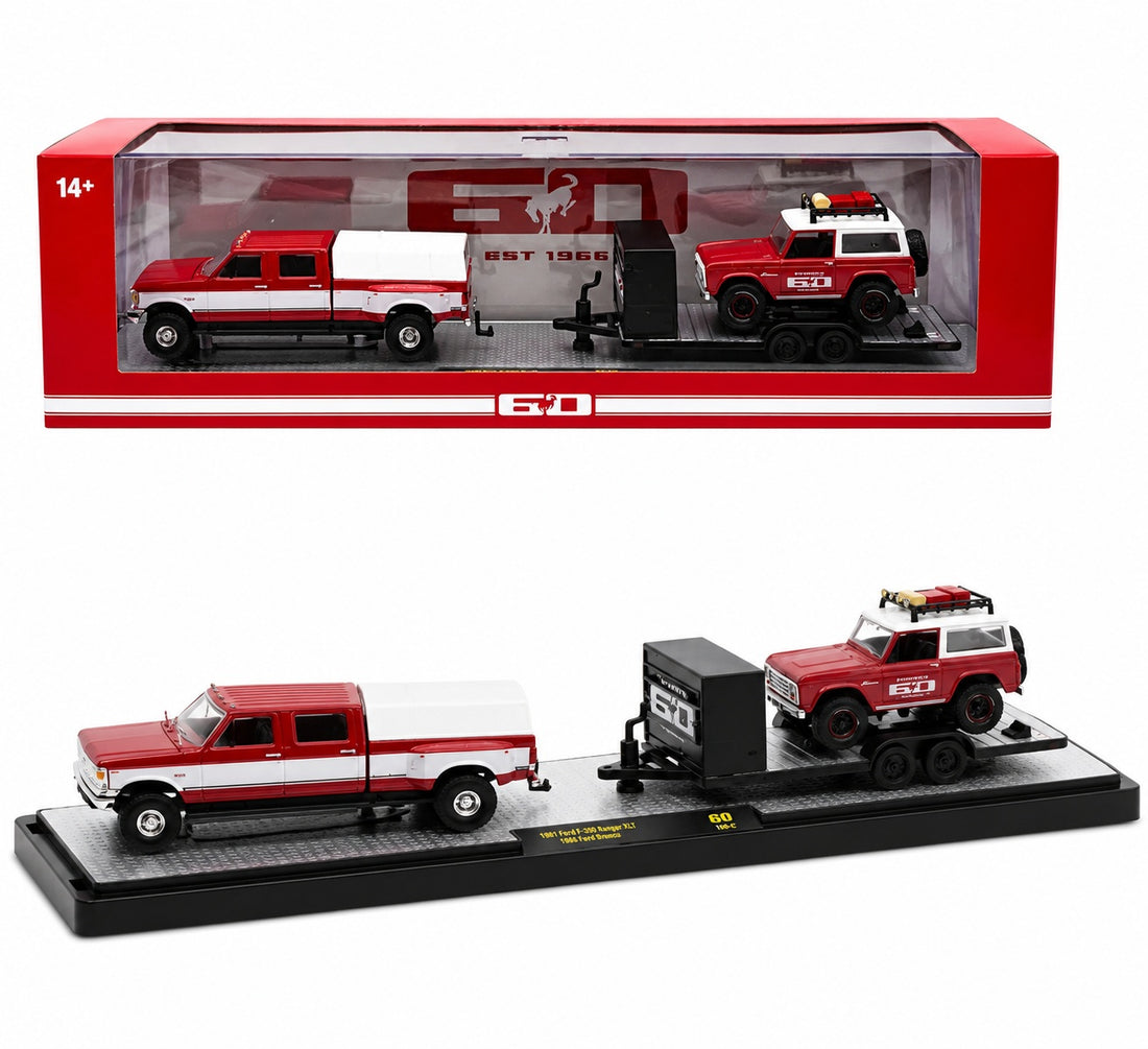M2 Machines 1:64 Ford F-350 Truck 1987 &amp; Ford Bronco 1966 – Auto-Haulers Release 100 – 36000-100-C
