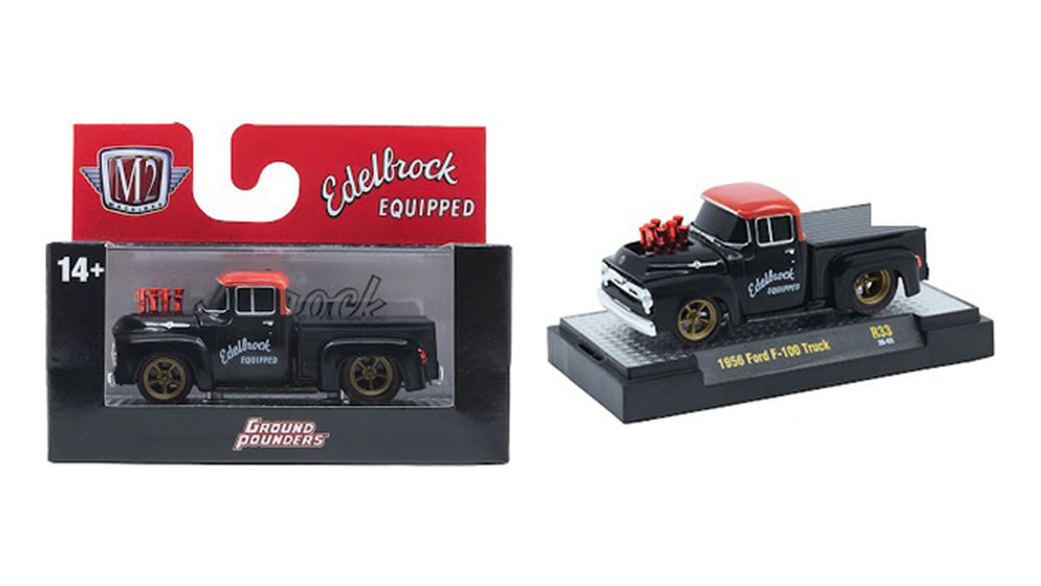 1956 Ford F-100 Pickup Black Edelbrock - M2 Machines 1:64 Ground Pounders Release 33 - 82161-33A
