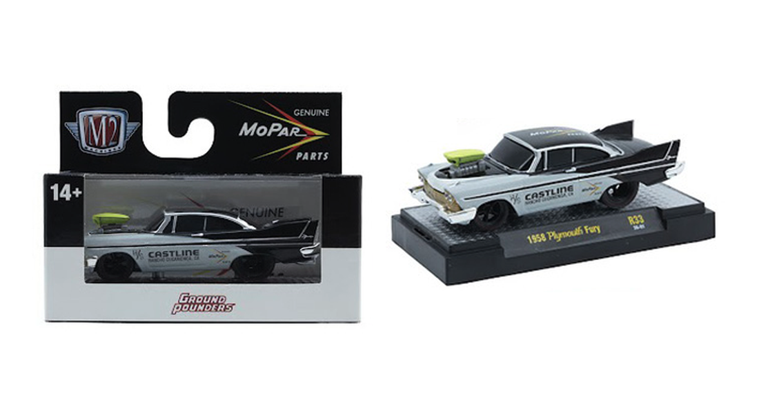 1958 Plymouth Fury Black Edelbrock - M2 Machines 1:64 Ground Pounders Release 33 - 82161-33B