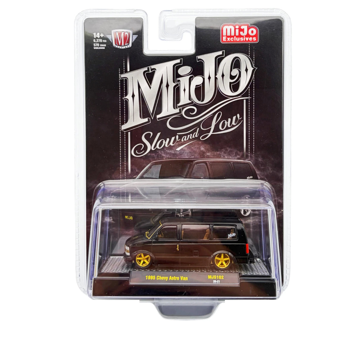 CHASE CAR M2 Machines 1:64 1995 Chevrolet Astro Van Custom Slow Low – Black – Gold Wheels &amp; Gold Accents – 31500-MJS102-CHASE