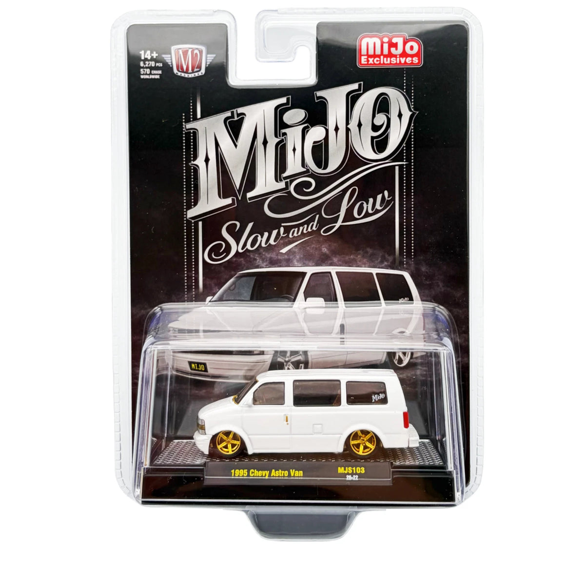 CHASE CAR M2 Machines 1:64 1995 Chevrolet Astro Van Custom Slow Low – White – Gold Wheels &amp; Gold Accents – 31500-MJS103-CHASE