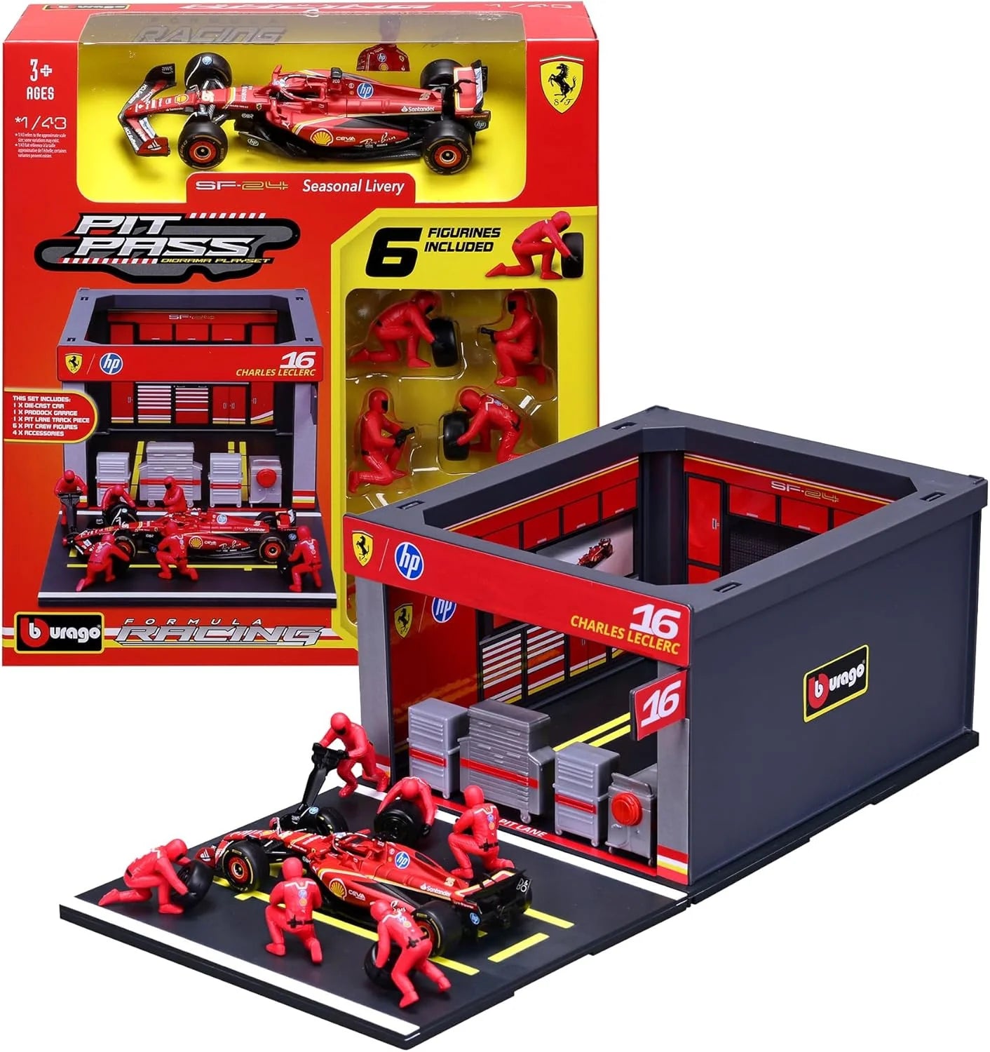 Bburago Diorama-1:43-2024 Formula Race Ferrari SF-24  Pit Pass Paddock Set, Leclerc 