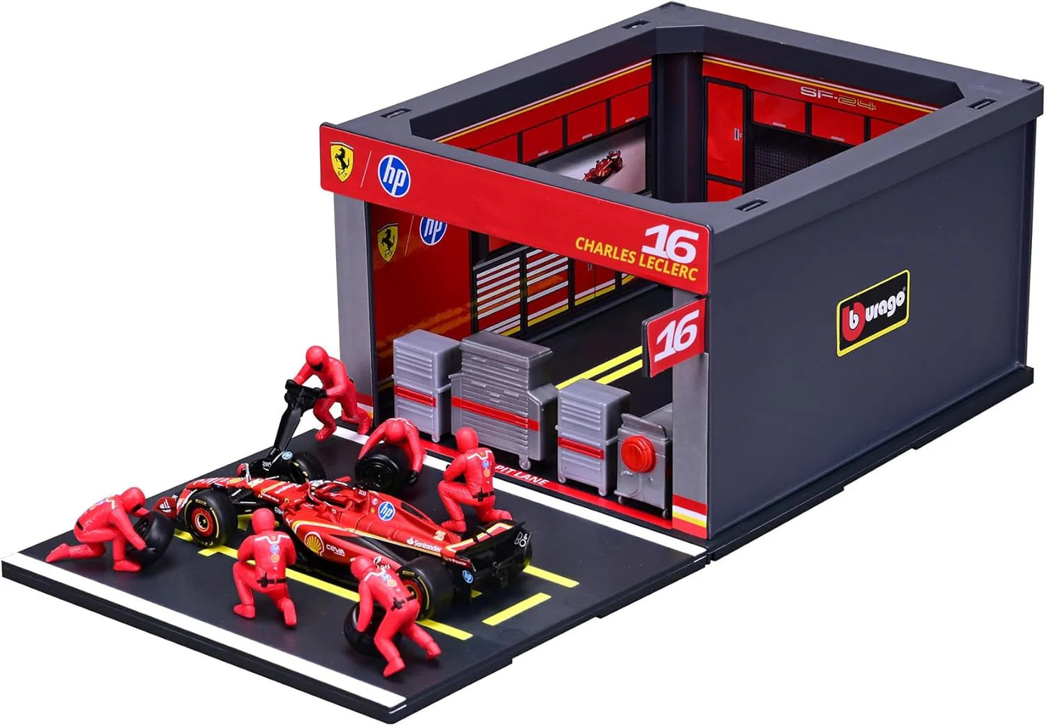 Bburago Diorama-1:43-2024 Formula Race Ferrari SF-24  Pit Pass Paddock Set, Leclerc 