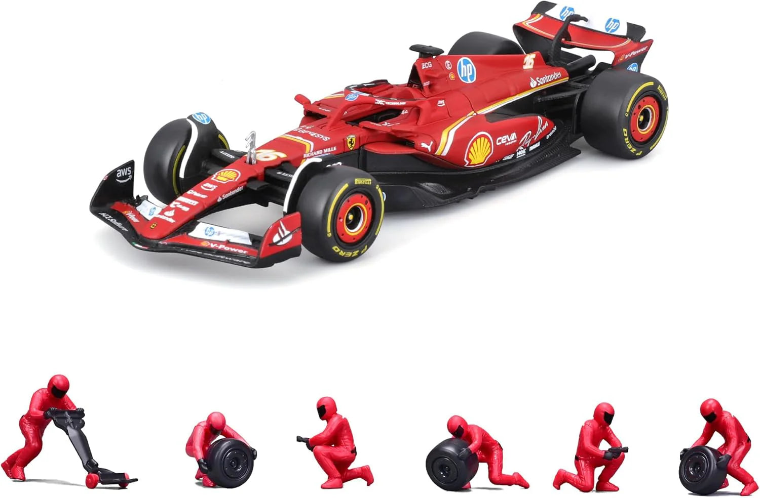 Bburago Diorama-1:43-2024 Formula Race Ferrari SF-24  Pit Pass Paddock Set, Leclerc 