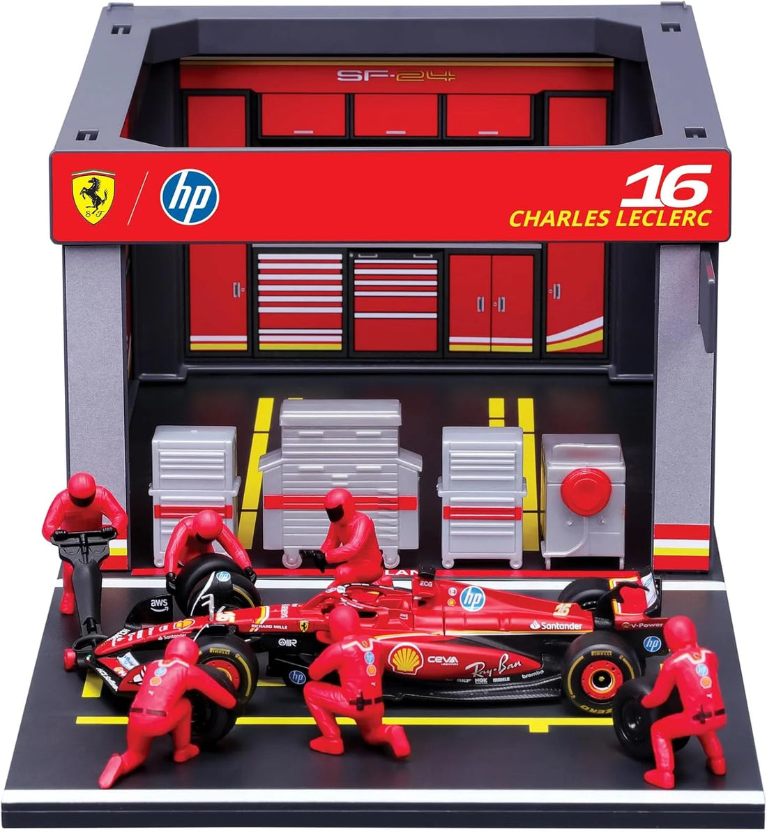 Bburago Diorama-1:43-2024 Formula Race Ferrari SF-24  Pit Pass Paddock Set, Leclerc 