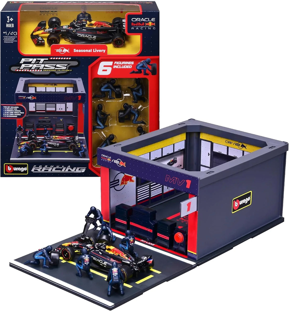 Bburago Diorama-1:43-2024 Formula Race Red Bull RB20 Pit Pass Paddock Set, Verstappen 