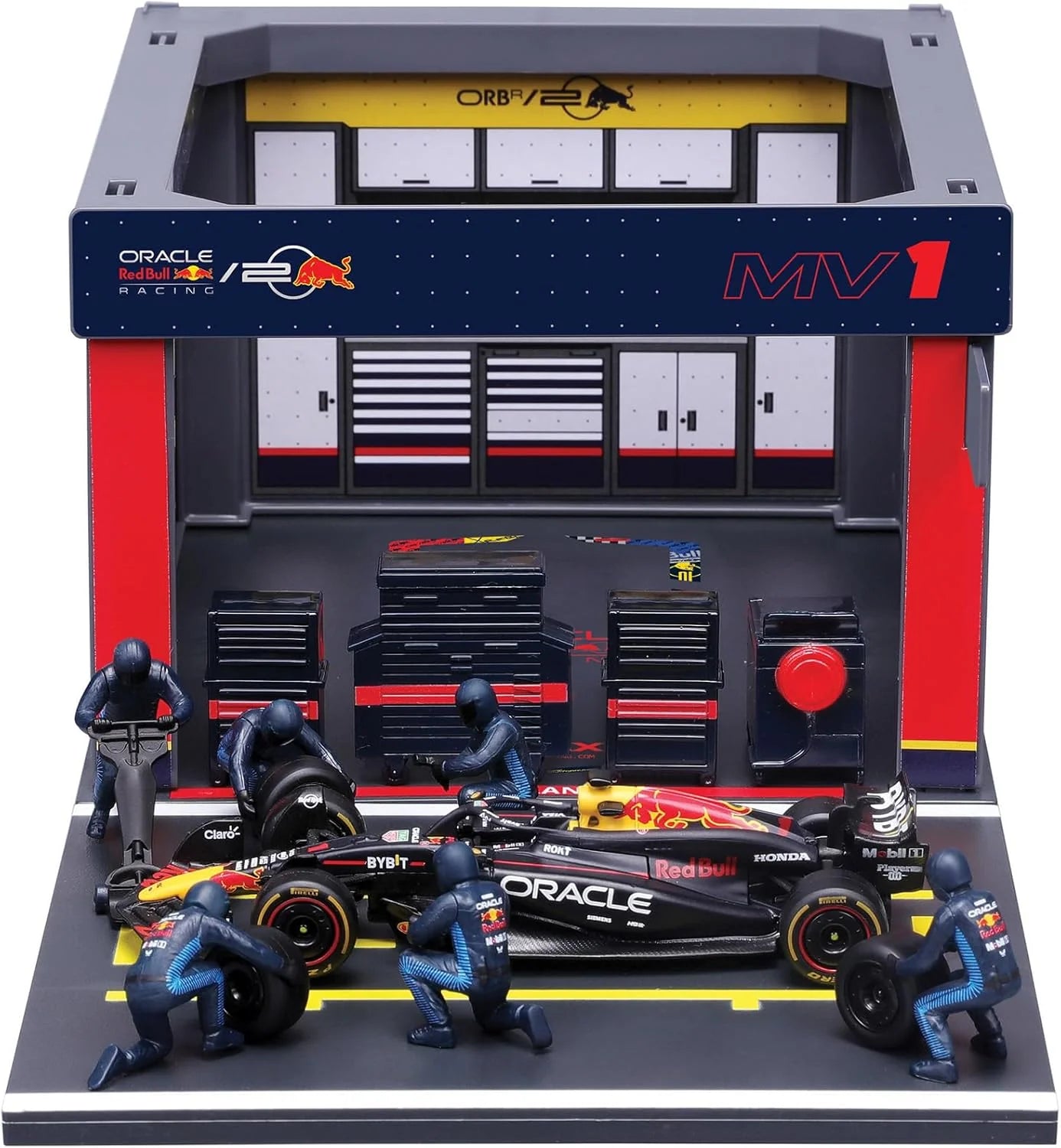 Bburago Diorama-1:43-2024 Formula Race Red Bull RB20 Pit Pass Paddock Set, Verstappen 