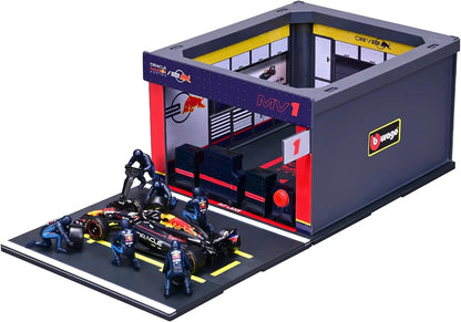Bburago Diorama-1:43-2024 Formula Race Red Bull RB20 Pit Pass Paddock Set, Verstappen 