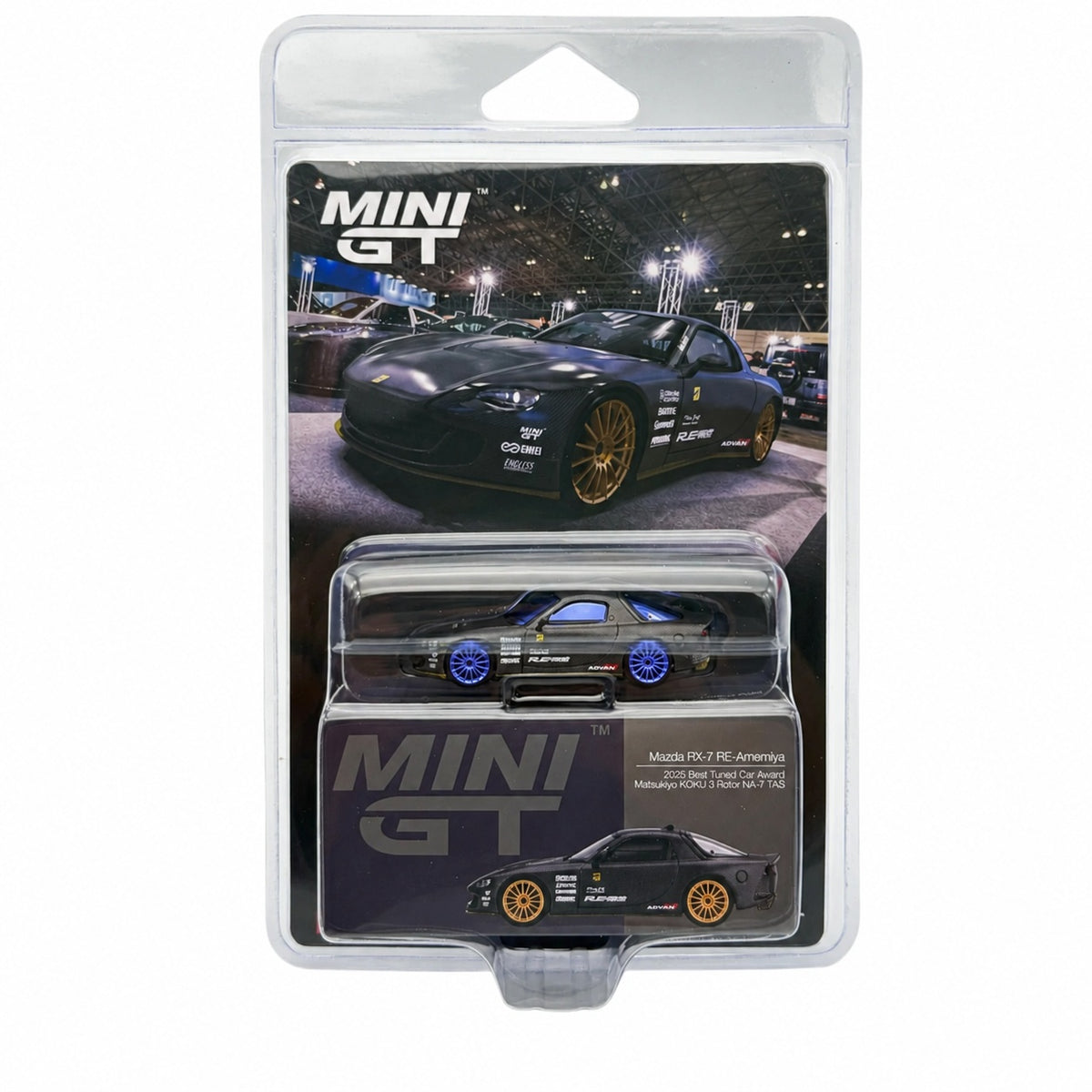 CHASE CAR Mini GT 1:64 Mazda RX-7 RE Amemiya – Roues violettes et accents violets – MGT01205-BLC