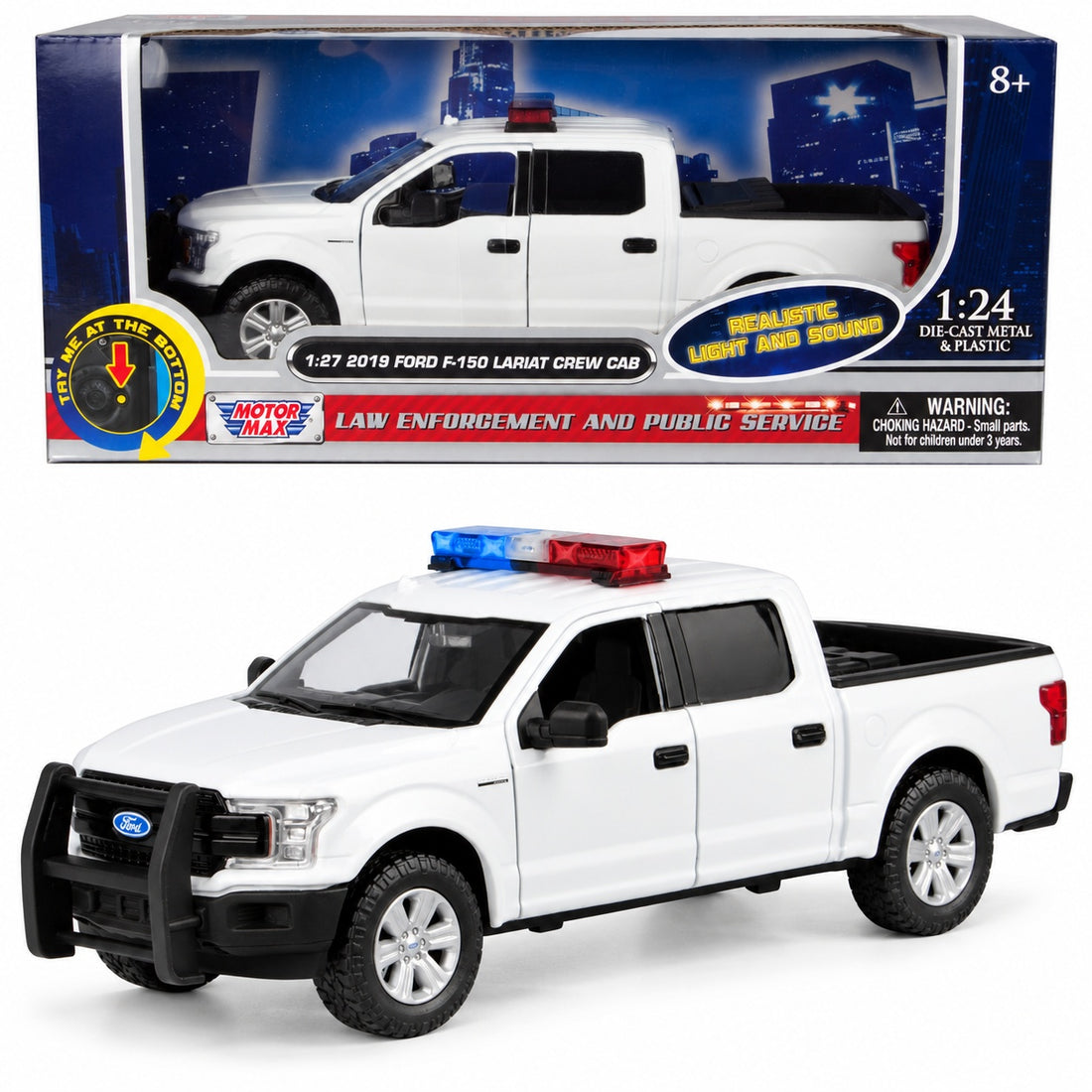 MotorMax 1:24–1:27 Ford F-150 Lariat à cabine double 2019 – Camion de police noir et blanc avec lumières et sons 79542WH