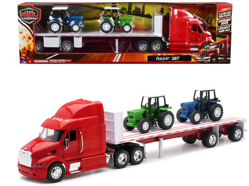 Peterbilt 387 Camion Flatbed Rouge avec 2 Tracteurs Agricoles Bleu et Vert "Long Haul Trucker"