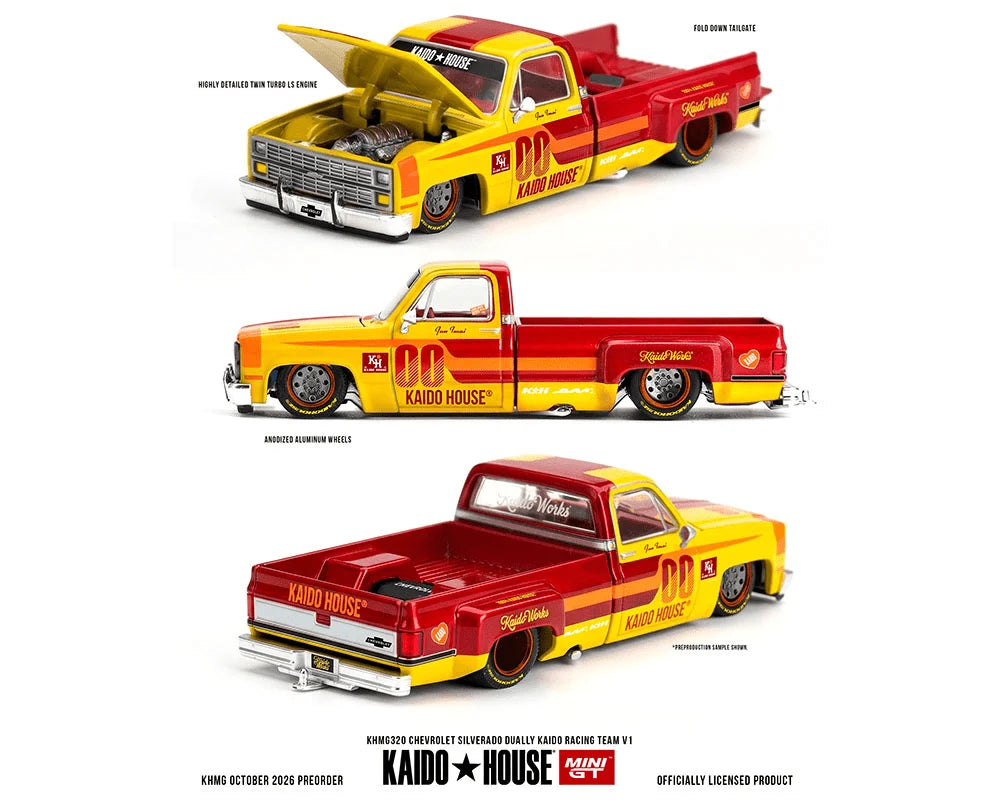 (PRE-ORDER 2026/2027) Kaido House x Mini GT 1:64 Chevrolet Silverado Dually Kaido Racing Team V1 – Yellow/Red Two-Tone – Possibilité de CHASE – KHMG320