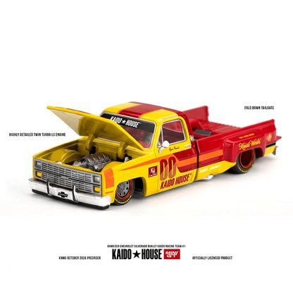 (PRE-ORDER 2026/2027) Kaido House x Mini GT 1:64 Chevrolet Silverado Dually Kaido Racing Team V1 – Yellow/Red Two-Tone – Possibilité de CHASE – KHMG320