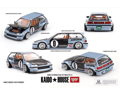 (PRE-ORDER, Q3, 2025)  Kaido House x Mini GT - Honda Civic (EF) Kaido Roulette V1- Light Blue (KHMG179) ***LIMITE DE 3 PAR CLIENT-LIMIT OF 3 PER CLIENT***