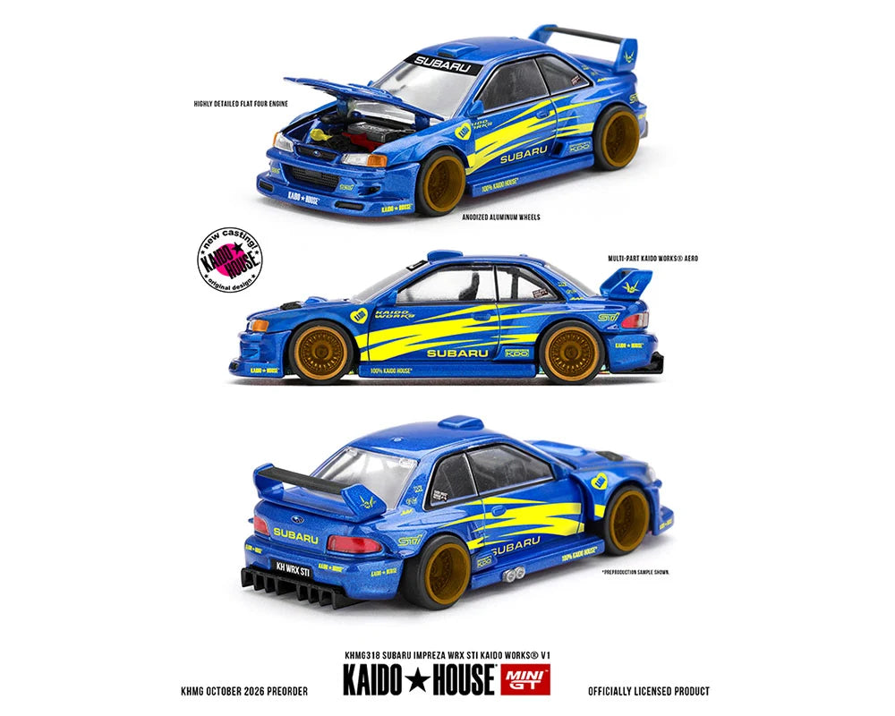 (PRE-ORDER 2026/2027) Kaido House x Mini GT 1:64 Subaru Impreza WRX STI KAIDO WORKS V1 – Blue – Chance of CHASE – KHMG318