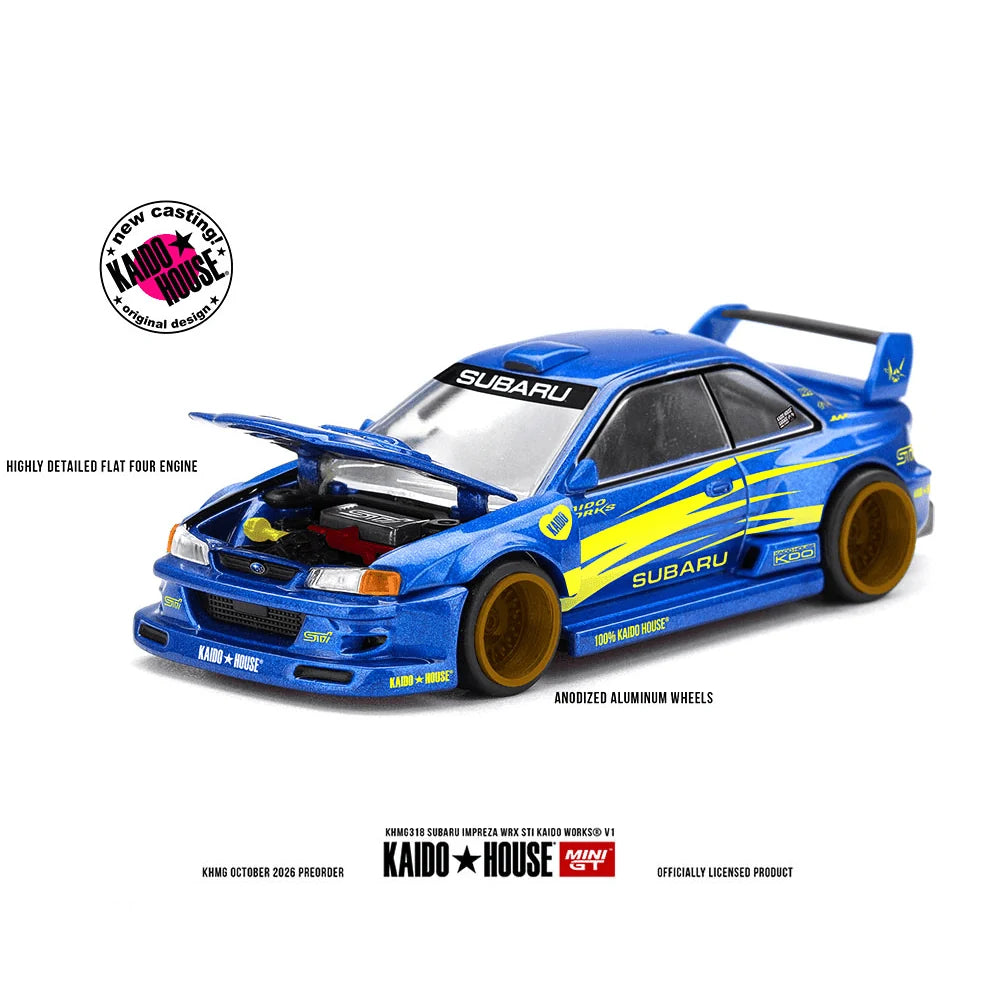 (PRE-ORDER 2026/2027) Kaido House x Mini GT 1:64 Subaru Impreza WRX STI KAIDO WORKS V1 – Blue – Chance of CHASE – KHMG318
