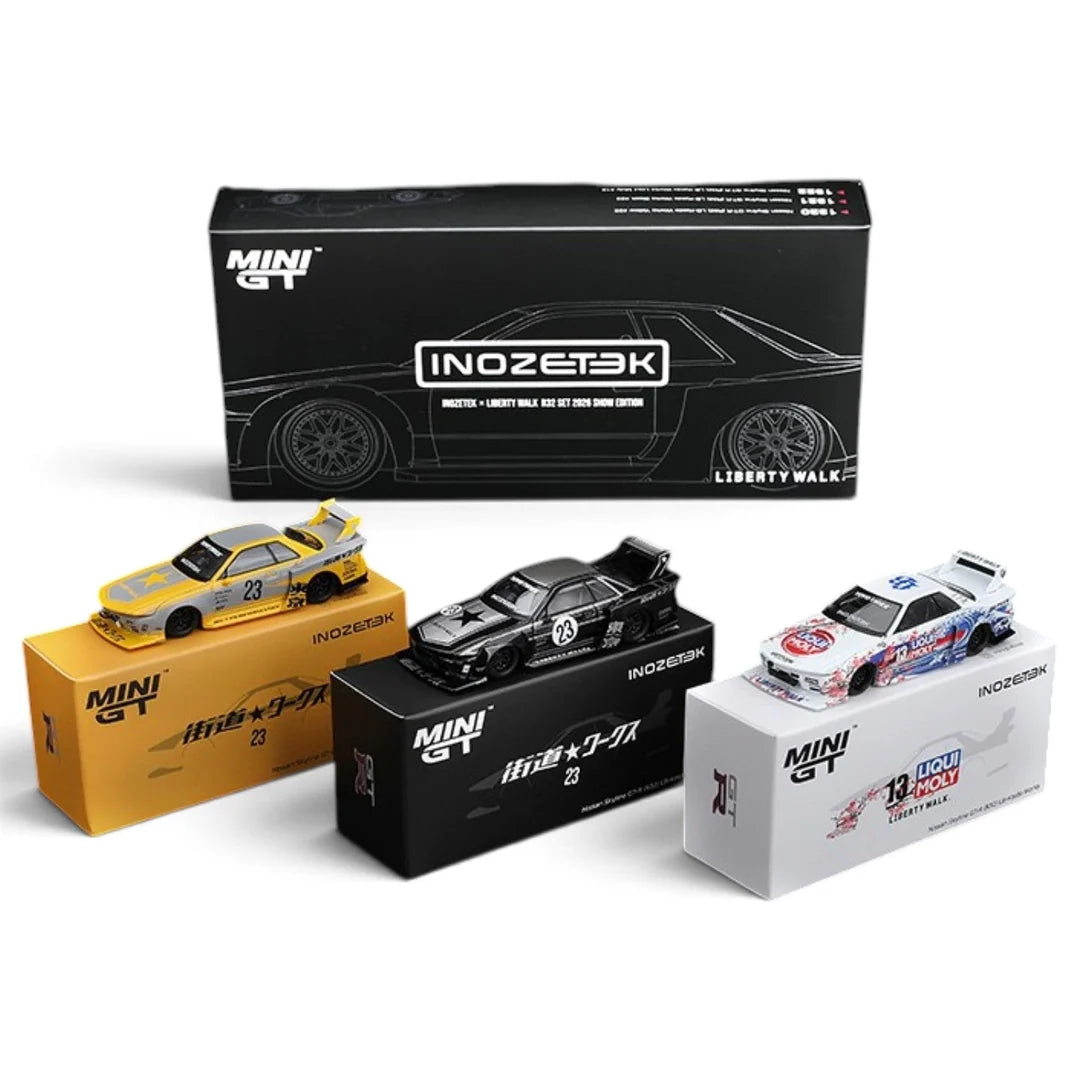 (PRE-ORDER 2027) Mini GT 1:64 INOZETEK x Liberty Walk Nissan Skyline GT-R (R32) 2026 Show Edition – 3-Car Set MGTS0027
