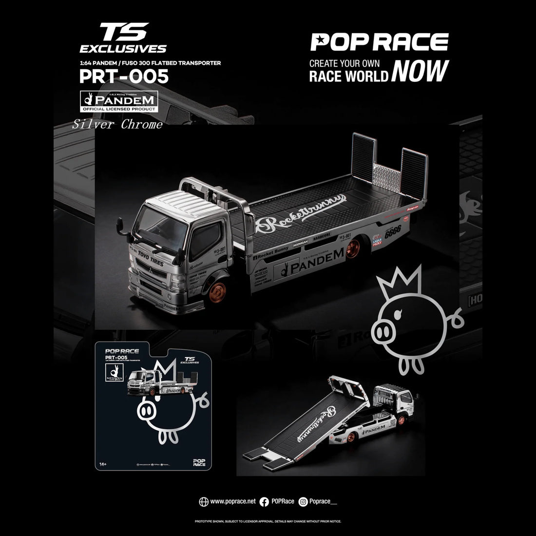 (PRE-ORDER 2026) POPRACE x TS Exclusives 1:64 PANDEM FUSO 300 Flatbed Transporter Silver Chrome – PRT005