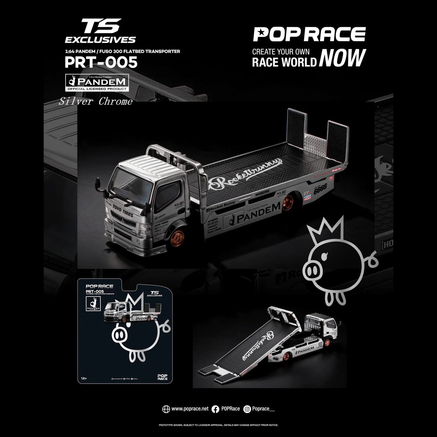 (PRE-ORDER 2026) POPRACE x TS Exclusives 1:64 PANDEM FUSO 300 Flatbed Transporter Silver Chrome – PRT005